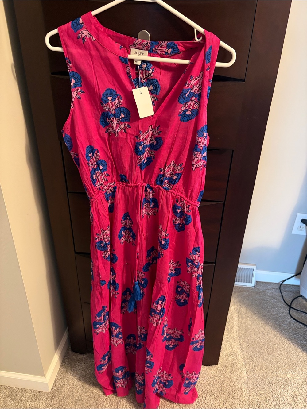 J. Crew Sleeveless Fuchsia Maxi Dress with Blue Floral Print